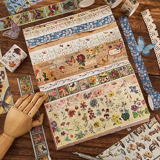 42 Rolls Vintage Washi Tape Set, Floral Letter Butterfly Mushroom Botanical - Image 5
