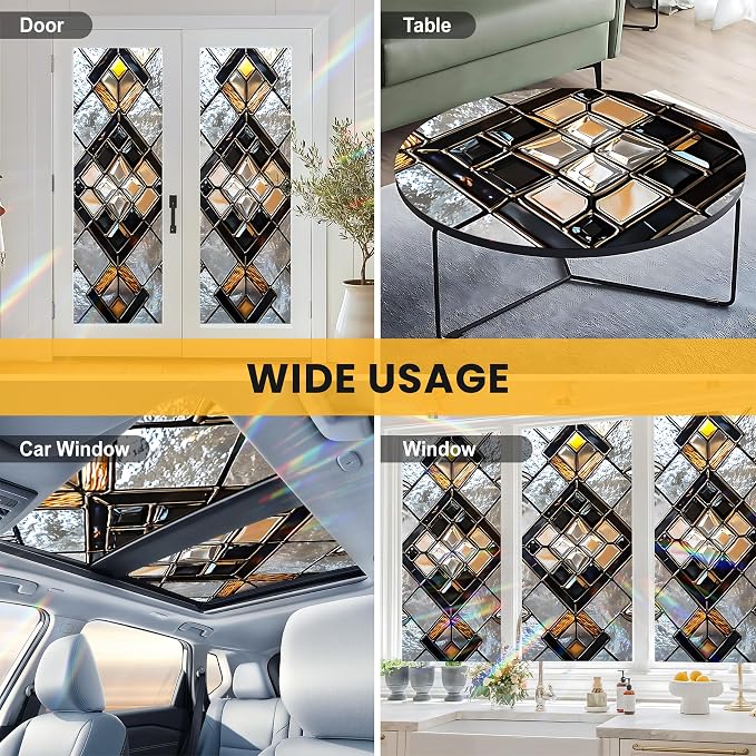 Stained Glass Window Privacy Film: Non-Adhesive Sun and Landscape Mosaic Design - Image 8