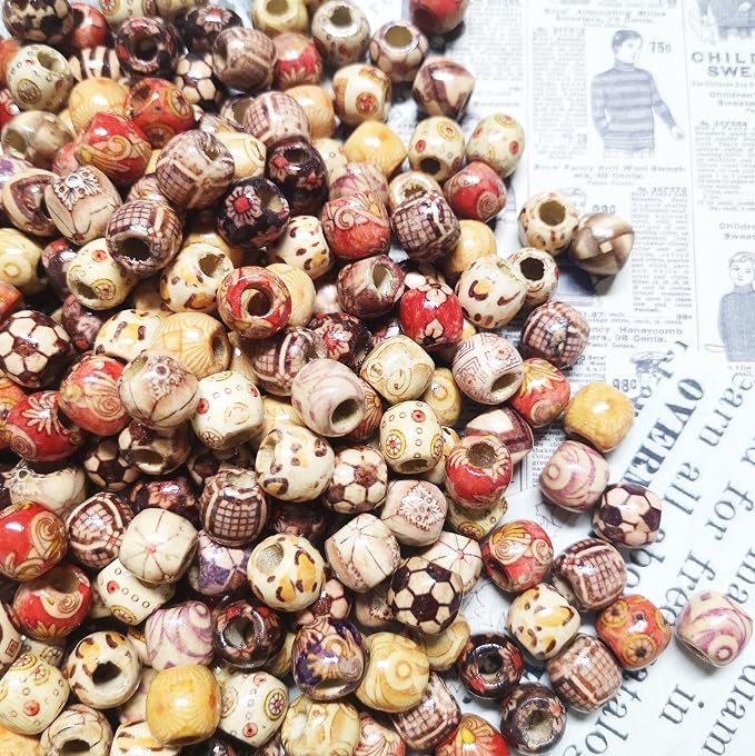 300pcs Mixed Painted Barrel Wood Spacer Beads, BetterJonny 12mm Round Printed - Image 2