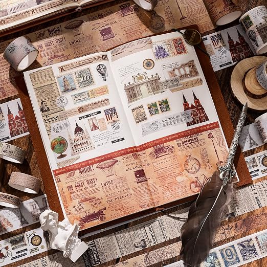 24 Rolls Vintage Washi Tape Set, Antique Car Buildings Map Stamp Stripe - Image 7