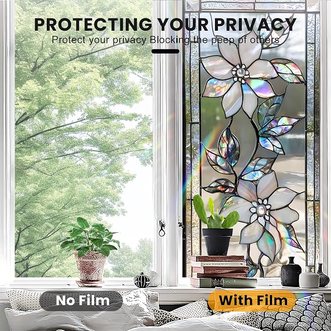 Stained Glass Window Privacy Film: Non-Adhesive Sun and Landscape Mosaic Design - Image 5