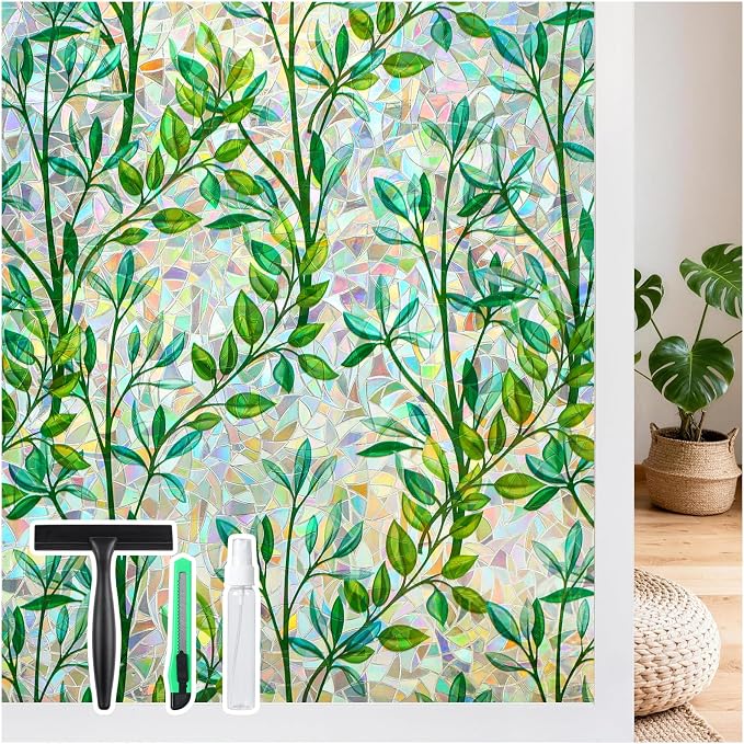 LUTE Stained Glass Window Privacy Film, Leaf Rainbow, 17.5" X 157.4" | No Glue by LUTE
