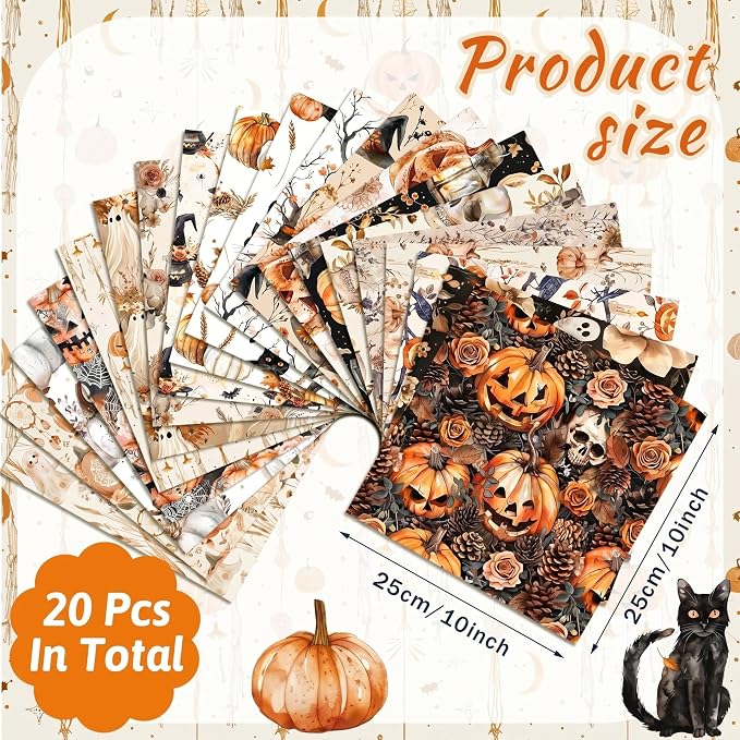 HunnmingRe 20 Pcs 10''x10'' Boho Halloween Quilting Fabric Square Spooky Ghost - Image 2