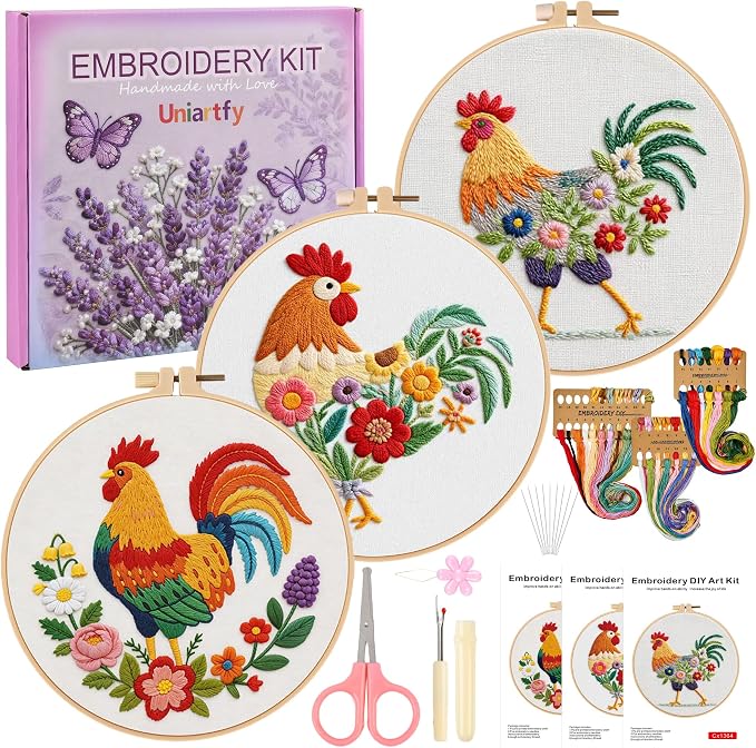 Uniartfy 3 Pack Funny Rooster and Flower Embroidery Kits by Uniartfy
