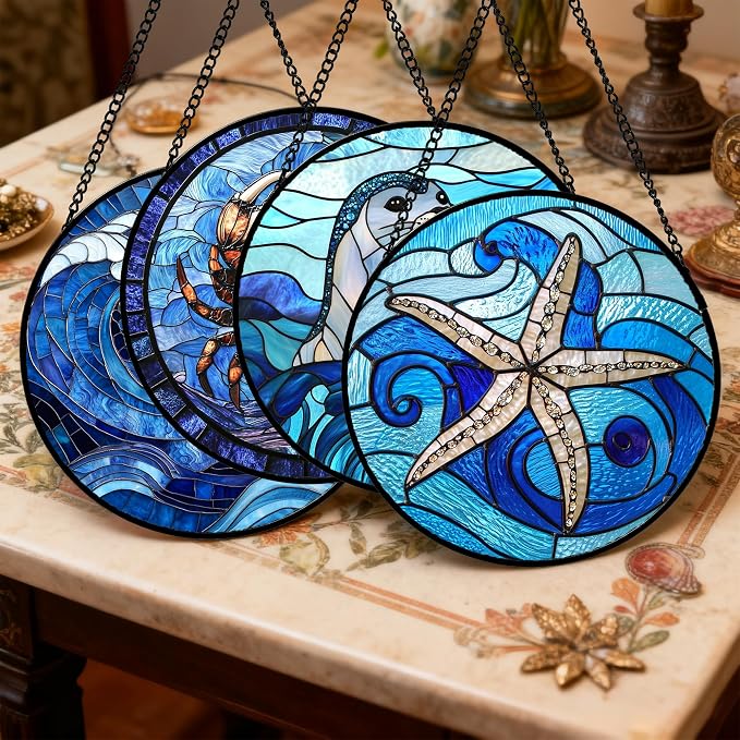 DASTOLL Stained Glass Window Hanging 4 Pcs Set Blue Ocean Waves Large 15" - Image 2