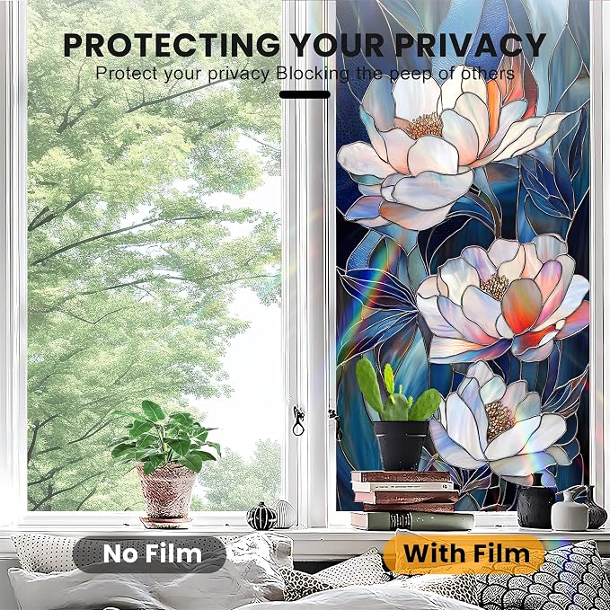 Stained Glass Window Privacy Film: Non-Adhesive Sun and Landscape Mosaic Design - Image 5