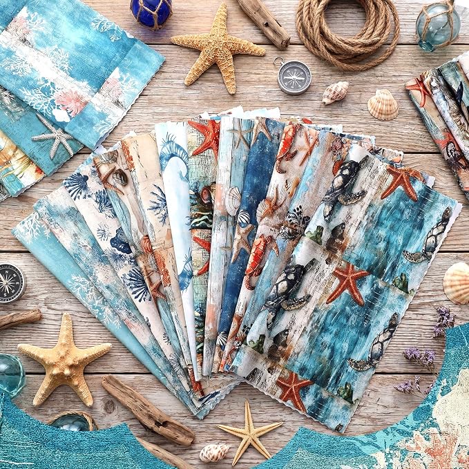 HunnmingRe 20 Pcs 10''x10'' Blue Coastal Beach Quilting Fabric Square Nautical - Image 2