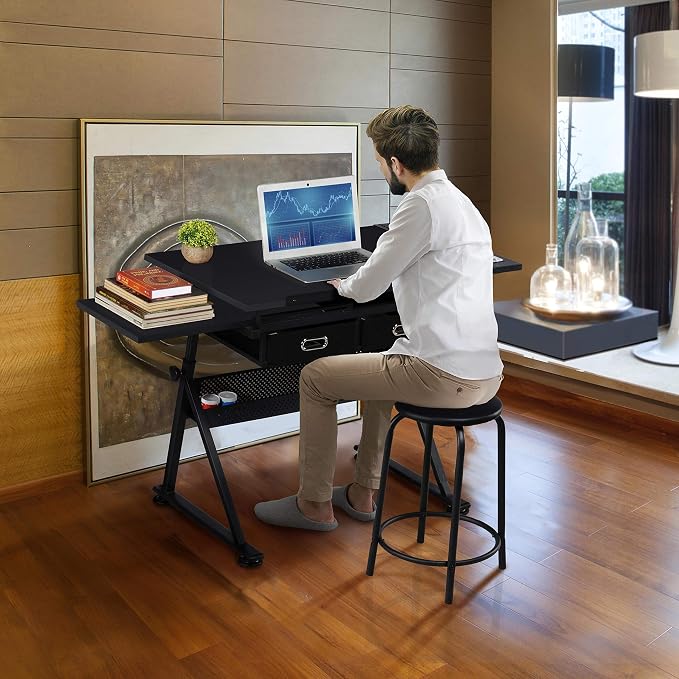 Yaheetech Adjustable Drafting Table Art Desk, Storage Drawers & Stool - Image 4
