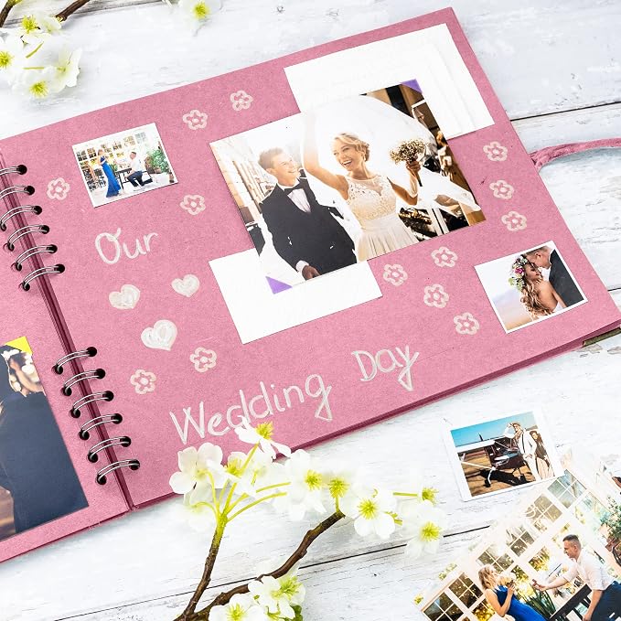 Bstorify Square Scrapbook Photo Albums 50 Pages Pink Thick Paper, Ribbon Closure - Image 4