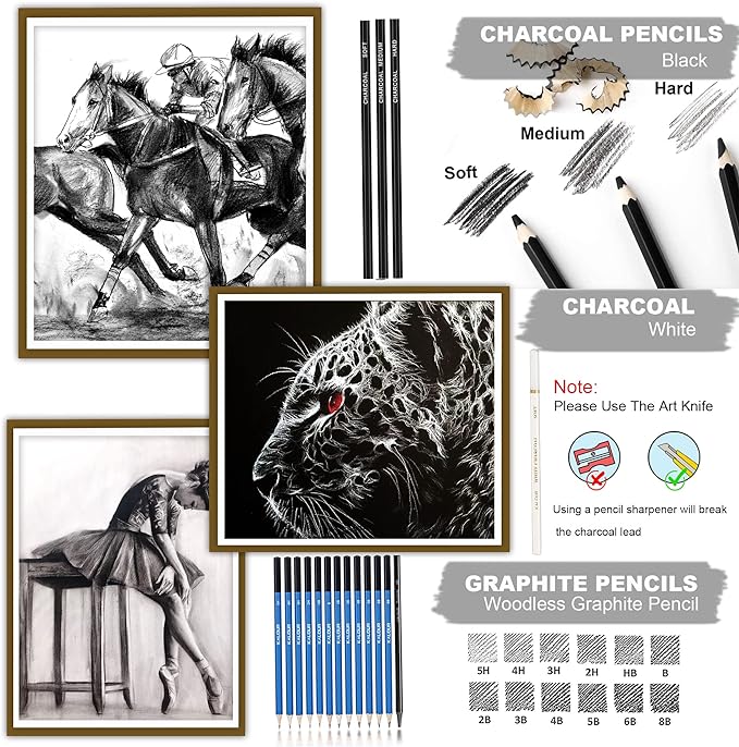 KALOUR 33 Pro Drawing Kit Sketching Pencils Set, Portable Zippered Travel - Image 3