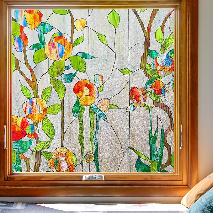 Kromapolis Window Privacy Film Stained Glass Faux 3D Rose Decorative UV Sun by Kromapolis
