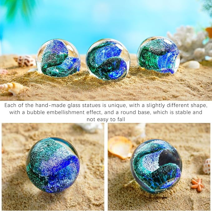 QFkris 3'' Hand Blown Glass Ocean Waves Ball Figurine, Glass Art Bubble Waves - Image 4