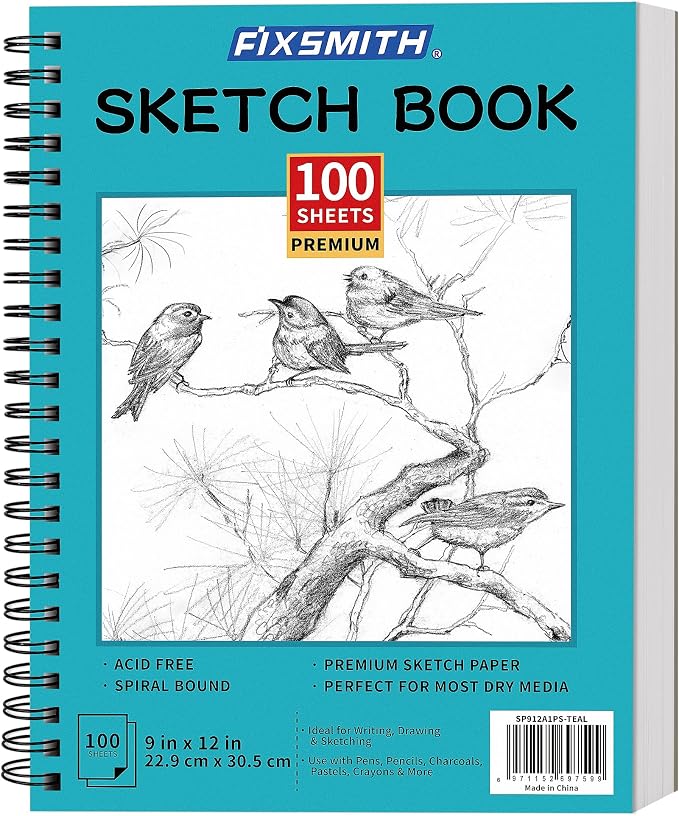 FIXSMITH 9"X12" Teal Sketch Book, 100 Sheets Spiral Sketchbook, Acid Free by FIXSMITH