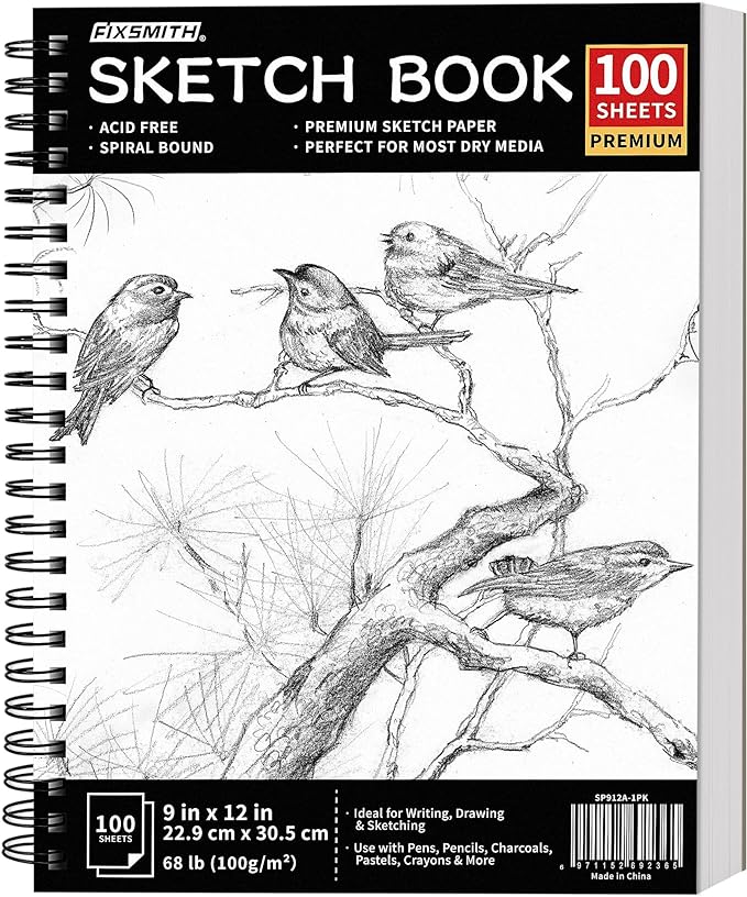 FIXSMITH 9"X12" Sketch Book, 100 Sheets, 68 lb/100gsm | 100 Sheets, Bright White by FIXSMITH