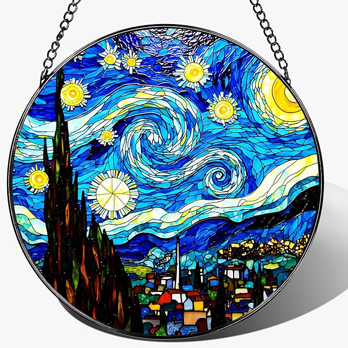 8'' Van Gogh Starry Night Sun Catcher Ornament, Stained Glass Window Hanging by Unknown