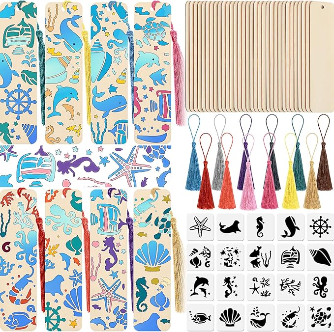 TaoBary 92 Pcs 4.8 x 1.3 Inch Ocean Wood Bookmark Making Kit Includes 36 by TaoBary