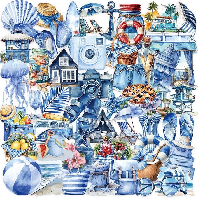 50PCS Transparent Blue Beach Stickers Aesthetic PET Stickers Blue Ocean Decal by Unknown