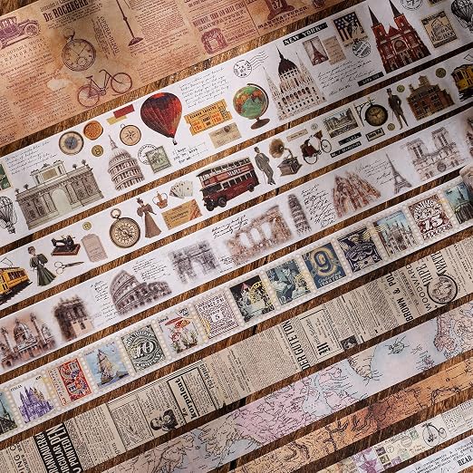 24 Rolls Vintage Washi Tape Set, Antique Car Buildings Map Stamp Stripe - Image 6