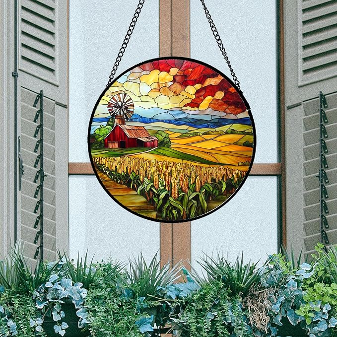 Stained Glass Window Hanging Autumn Farm Corn Harvest Landscape 9.8" - Image 5
