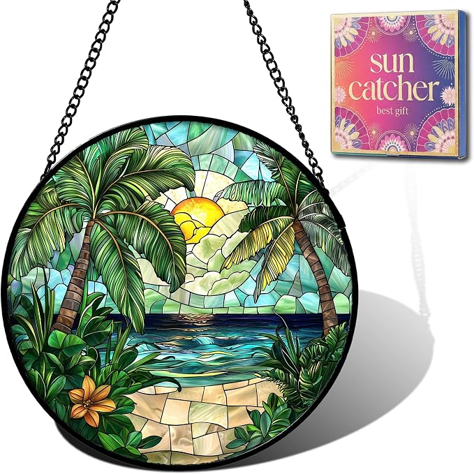 Sunset Beach Acrylic Suncatcher Faux Stained Glass Window Hanging 6.3" | by Unknown