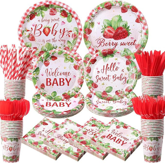 450 Pcs Strawberry Baby Shower Tableware Set Decorations A Berry Sweet Baby by Unknown