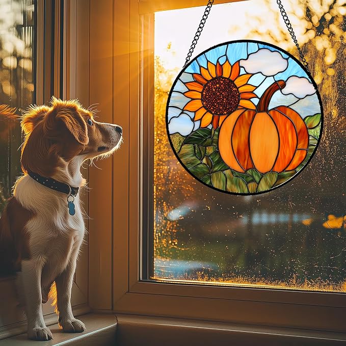 DASTOLL Stained Glass Window Hanging Fall Farm Scenery Sunflower Pumpkin 9.8" - Image 3