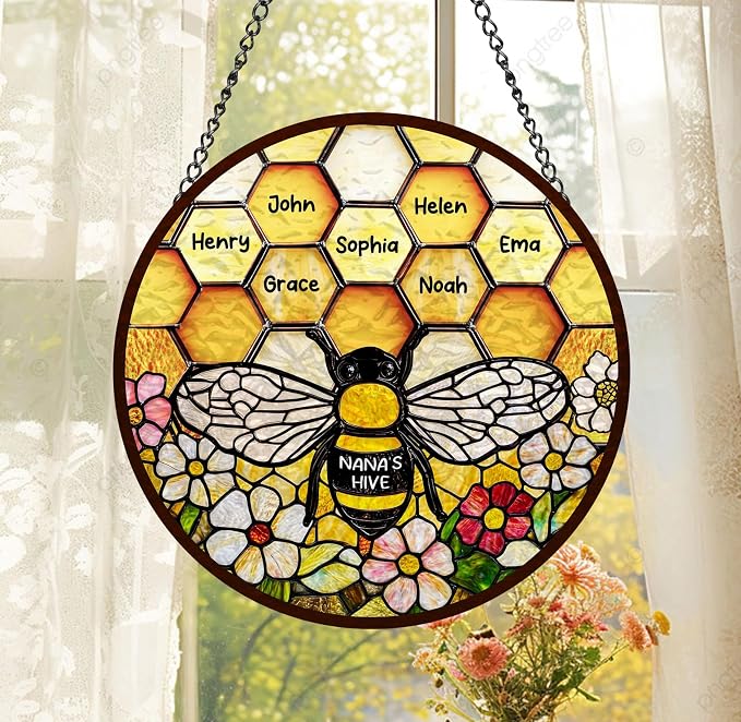 LOVELYPOD Custom Grandma’s Bee Stained Glass Sun Catcher, Personalized Window by LOVELYPOD