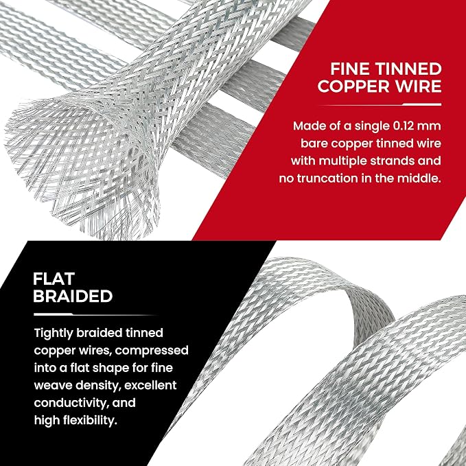 1/2" Wide Tinned Copper Braided Metal Wire Shielding Sleeve Ground Strap - Image 5