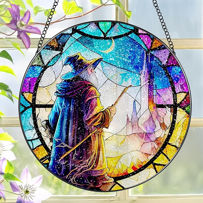 Stained Glass Window Hanging, LAOWEIKI 8'' Witch Suncatcher, Stained Glass by Unknown