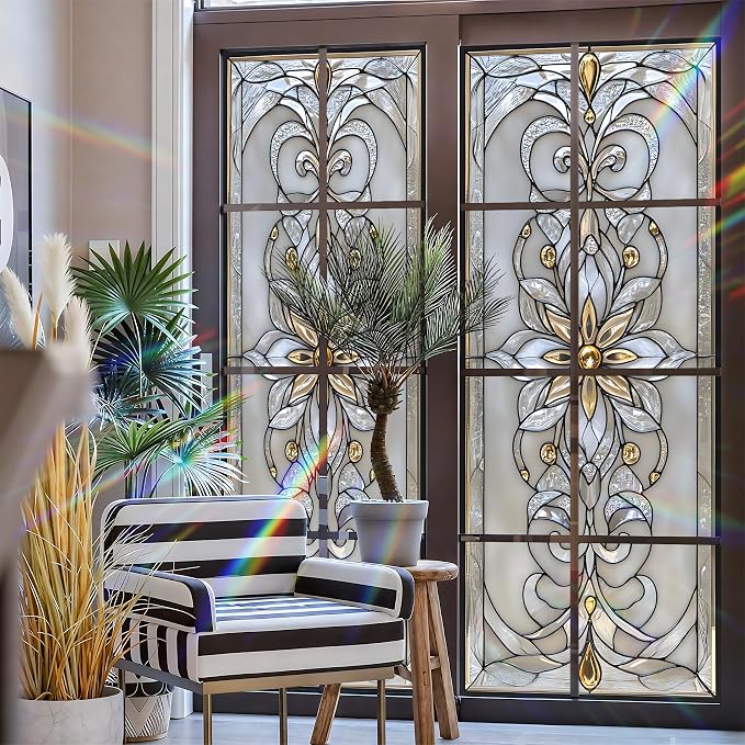 Stained Glass Window Privacy Film: Non-Adhesive Sun and Landscape Mosaic Design - Image 3