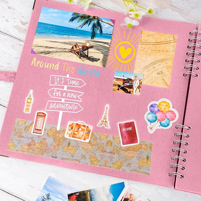 Bstorify Square Scrapbook Photo Albums 80 Pages Pink Thick Paper, Ribbon Closure - Image 5