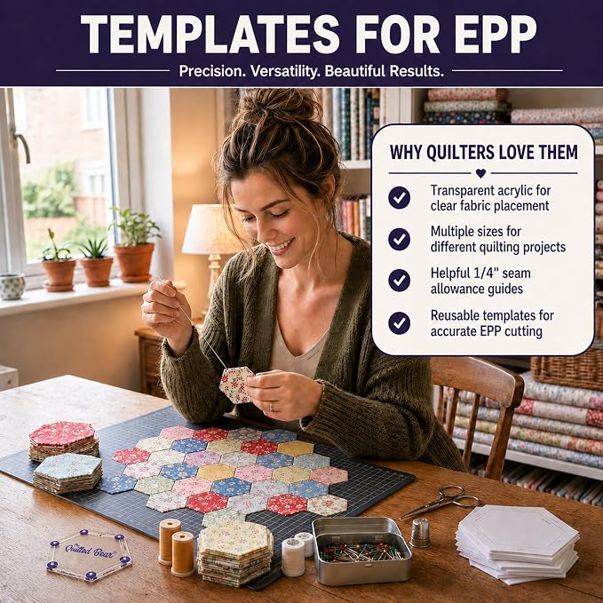 The Quilted Bear Hexagon Quilting Templates – 8 Clear Non-Slip Acrylic Quilt - Image 8