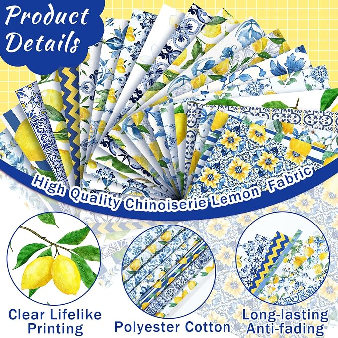 HunnmingRe 20 Pcs 10''x10'' Lemon Quilting Fabric Square Chinoiserie Precuts - Image 3