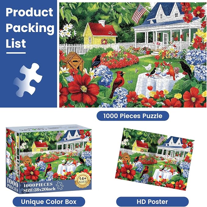 1000 Piece Puzzle for Adults, Beautiful Garden Scene Puzzles, Birds and Flowers - Image 6