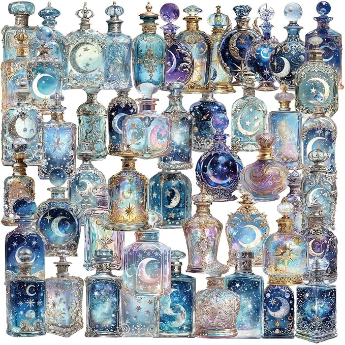 50PCS Lunar Phase Crystal Bottle Stickers – Clear Watercolor Moon & Star by YOKSAS