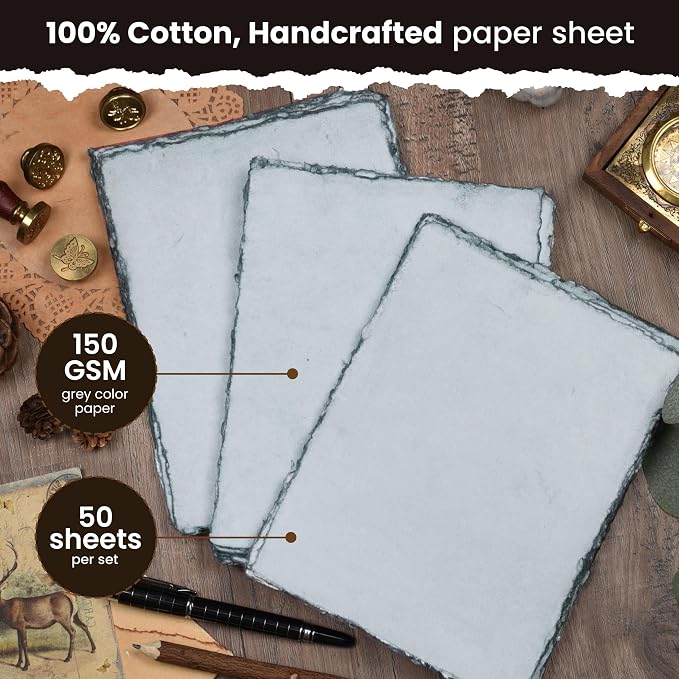 LEATHER VILLAGE Grey Deckled Edge Handmade Watercolor Paper 4x6 | 50 Sheets of - Image 2