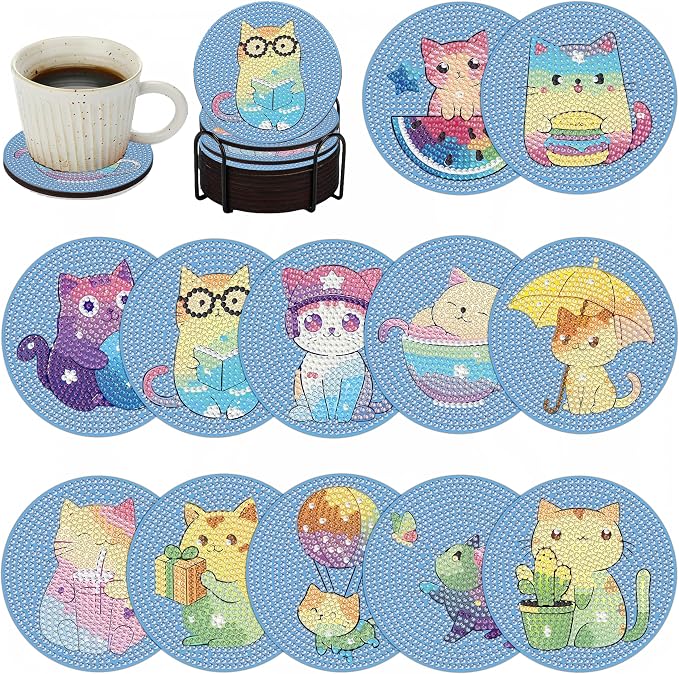 Bulerrylulu 12 Pcs Cat Diamond Painting Coasters Kits by Bulerrylulu
