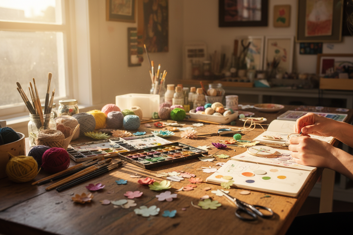 A hobbyist creating at a colorful creative desk